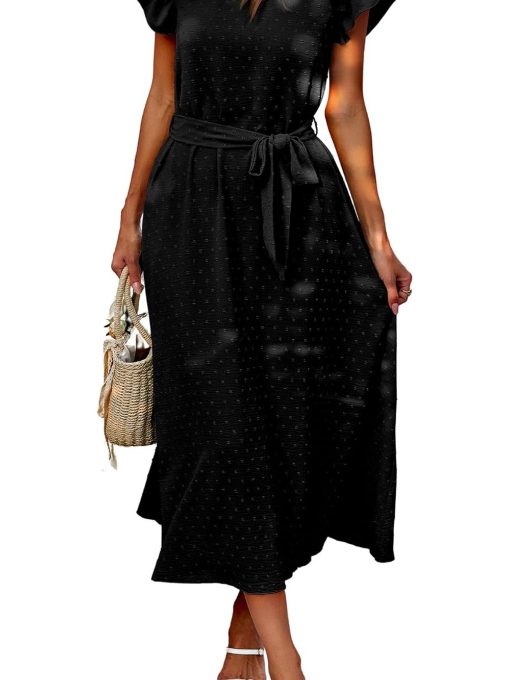 CCTTOO Women's Black Tie-Waist Midi Dress